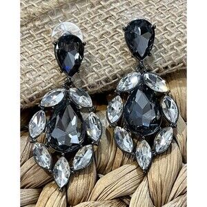Art Deco Floral Drop Dangle Earrings Gun Metal Black Faceted & Clear Rhinestone